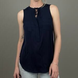 New York & Company Silky Navy Blue Tie Front Blouse